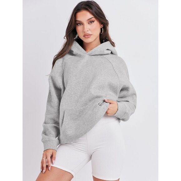 Women Light Grey Hoodies Oversized Fleece Long Sleeve Comfy Casual Sweatshirts - Picture 2 of 7